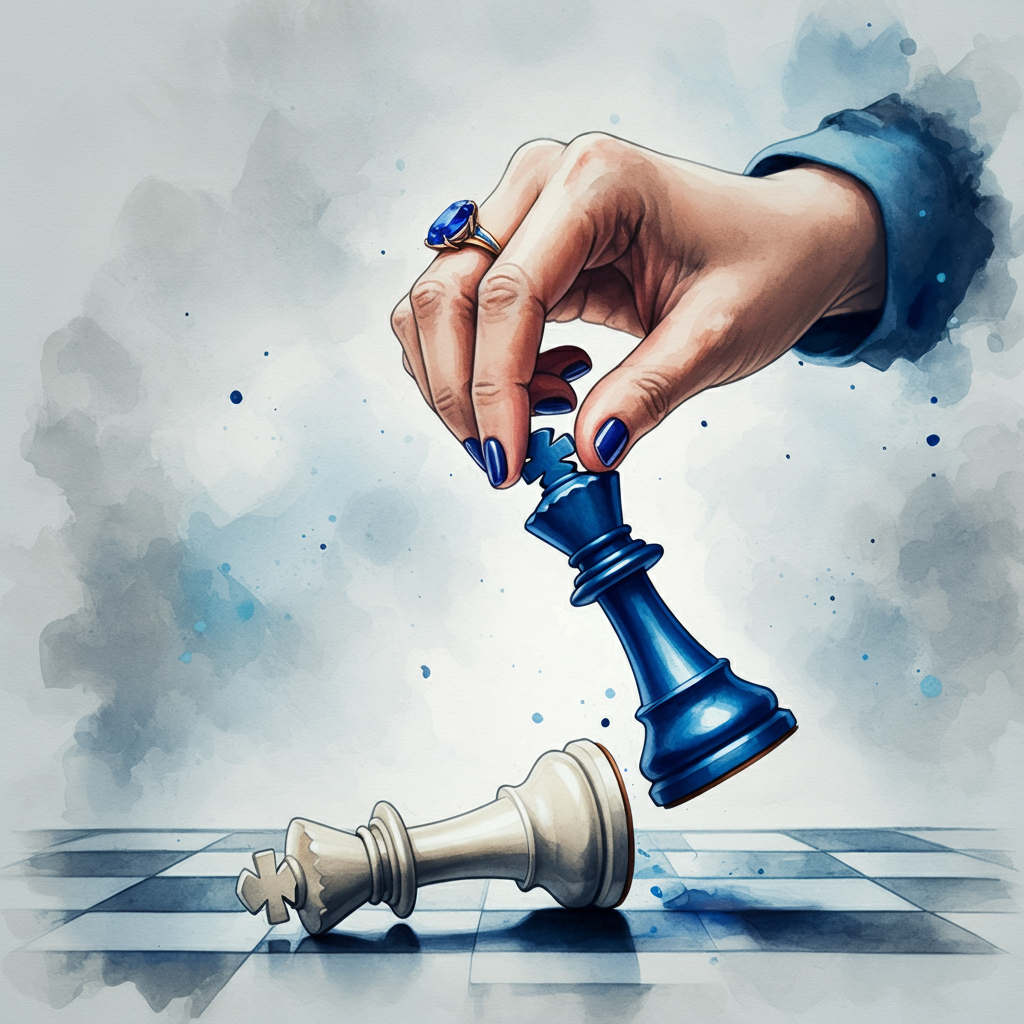 A hand holding the king chess piece knocking over its opponent.