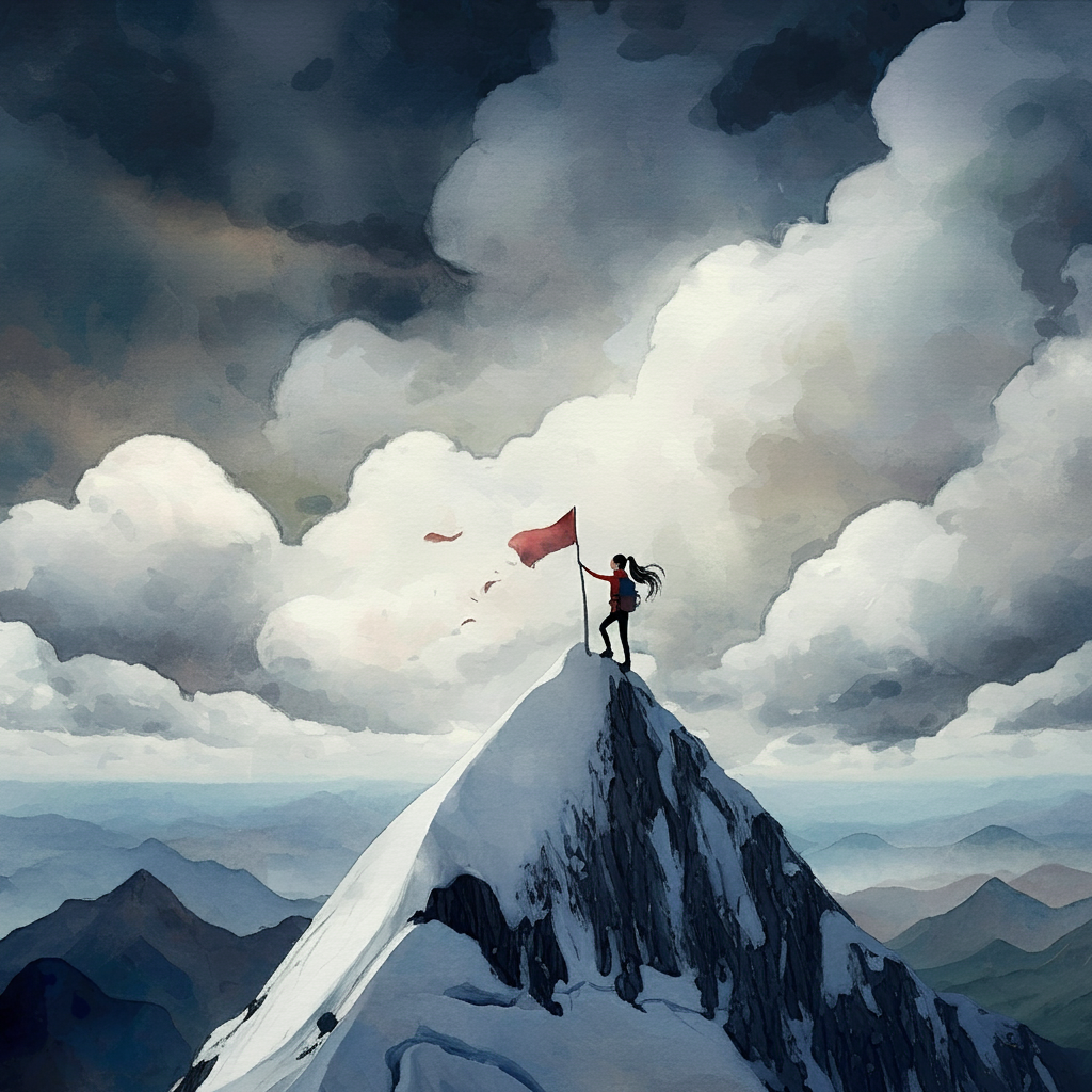 A person on a summit planting a flag.