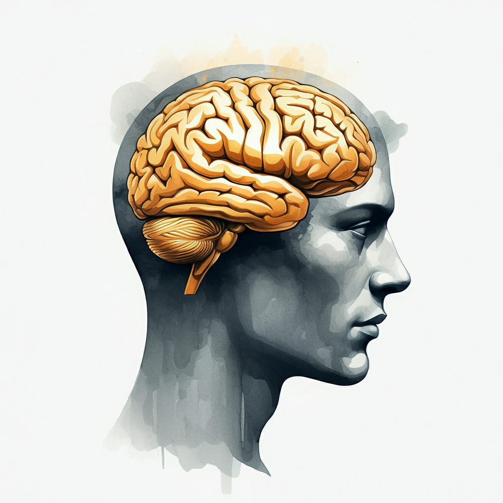 A watercolor representation of a human face with a visible golden brain.